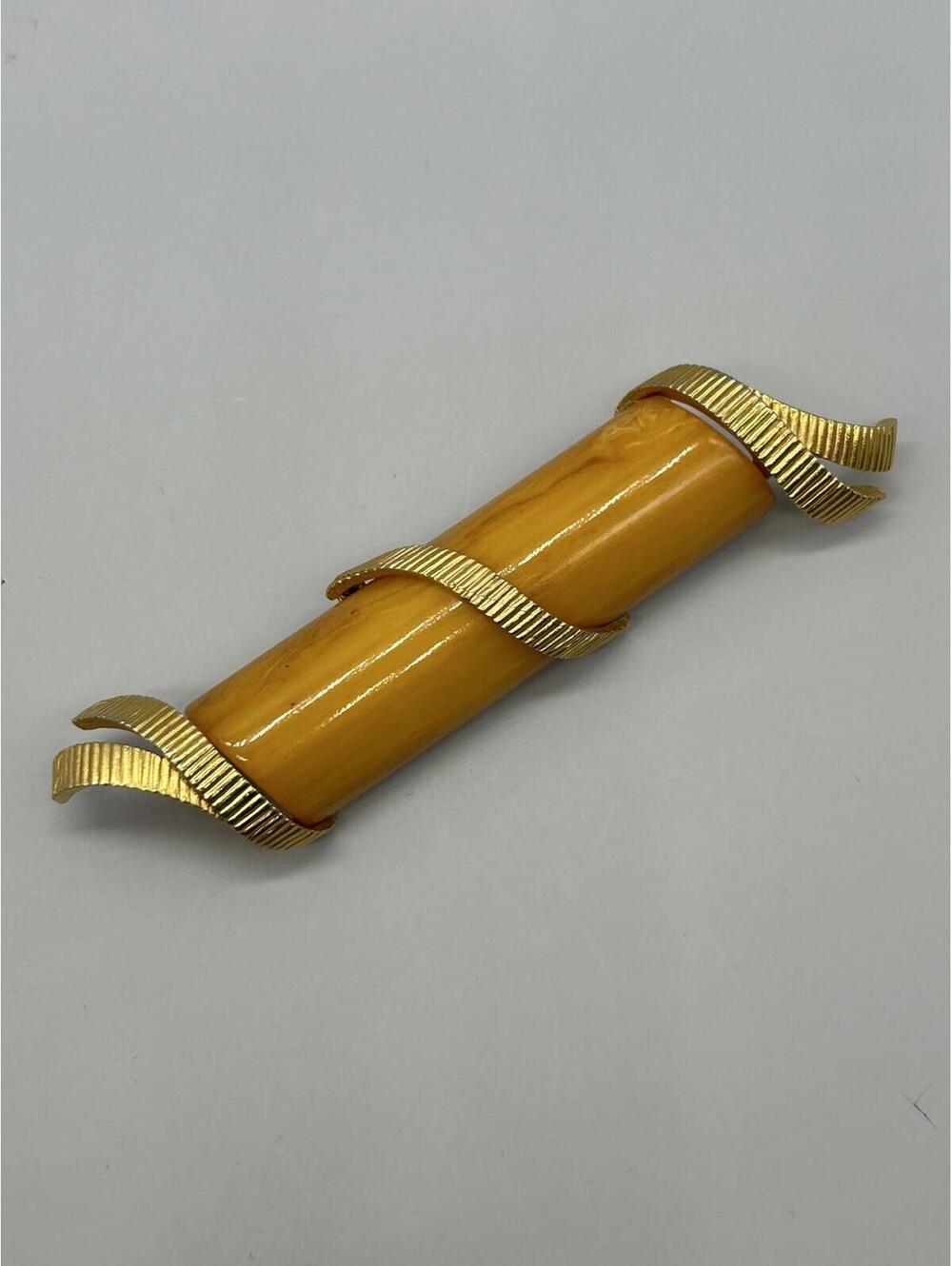 Stunning Vintage Marvella Orange Bakelite & Gold Tone Large Long Brooch Pin